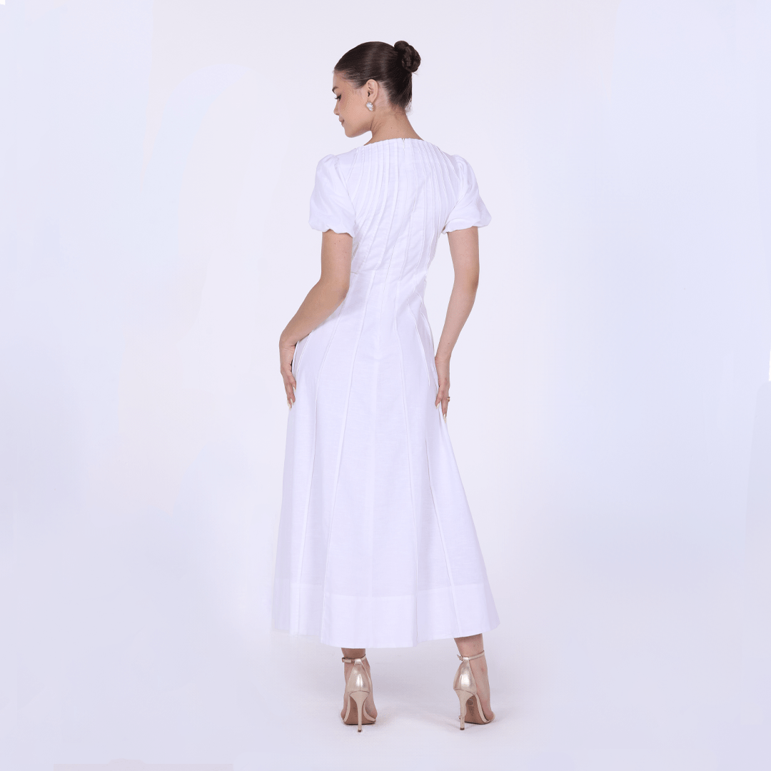 Pleated Linen Maxi Dress with Puff Short Sleeves - shopaleena