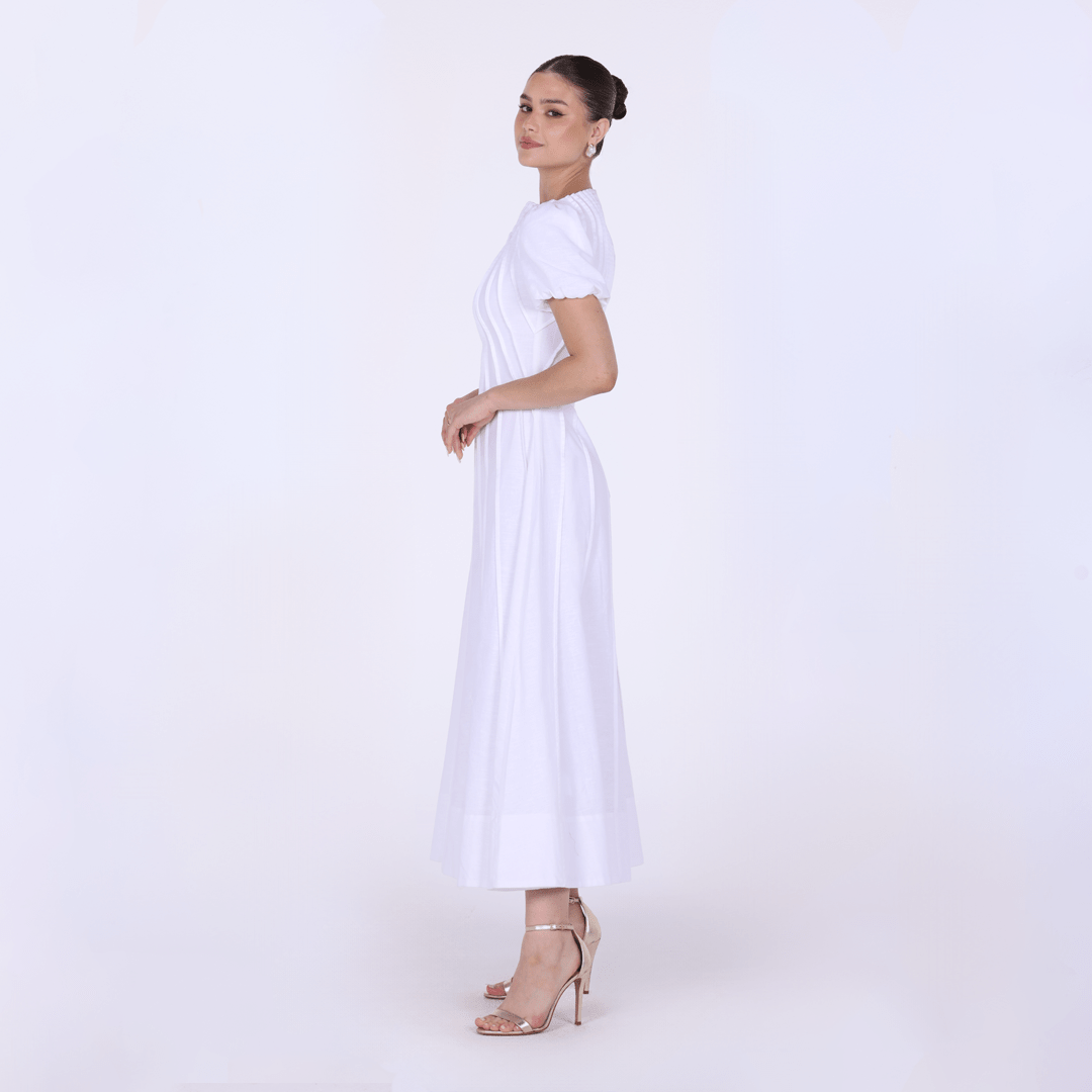 Pleated Linen Maxi Dress with Puff Short Sleeves - shopaleena