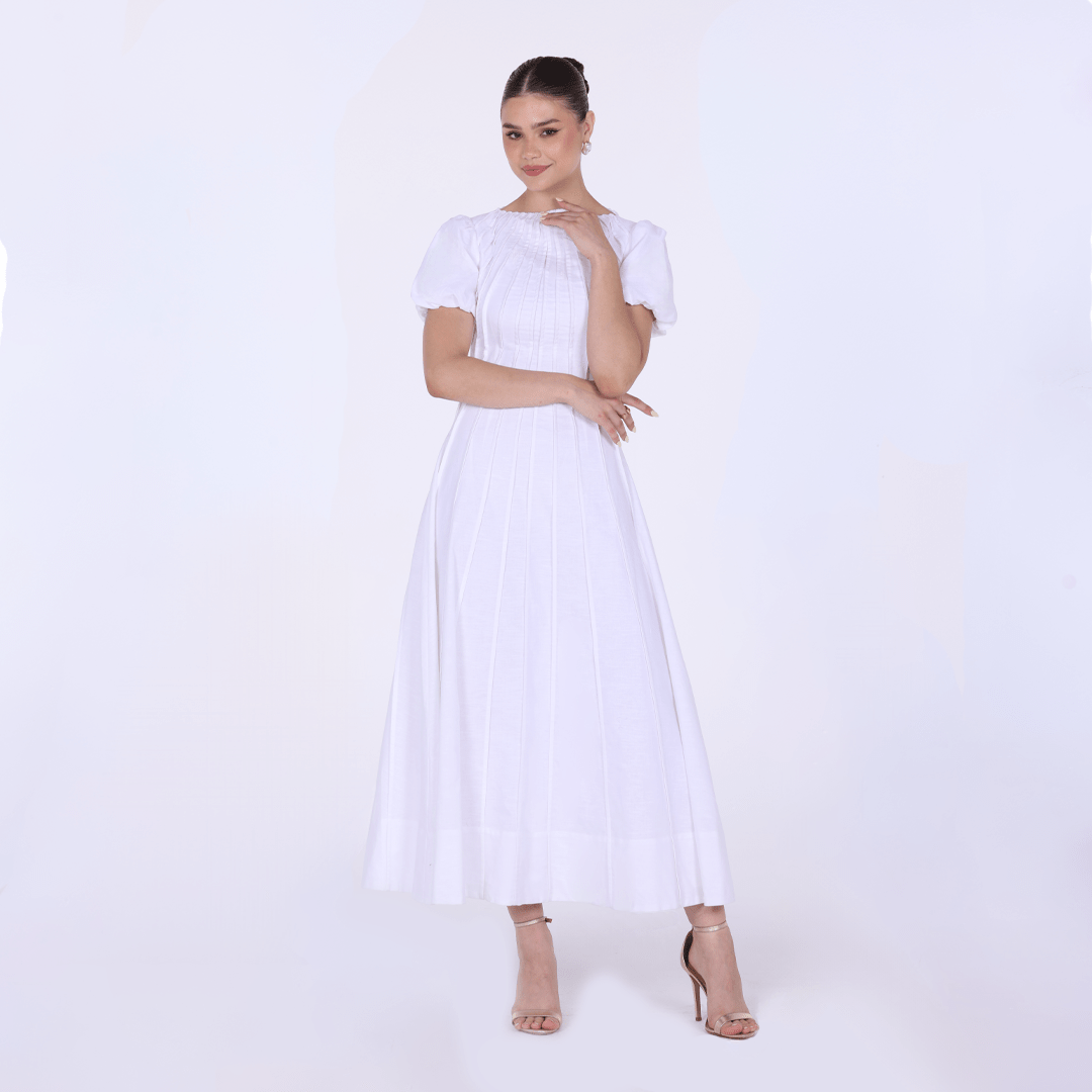 Pleated Linen Maxi Dress with Puff Short Sleeves - shopaleena