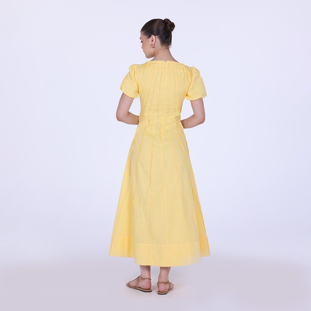 Pleated Linen Maxi Dress with Puff Short Sleeves - shopaleena