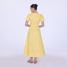 Pleated Linen Maxi Dress with Puff Short Sleeves - shopaleena