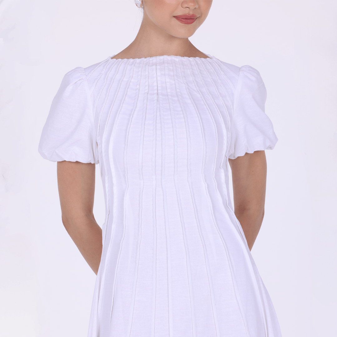 Pleated Linen Maxi Dress with Puff Short Sleeves - shopaleena
