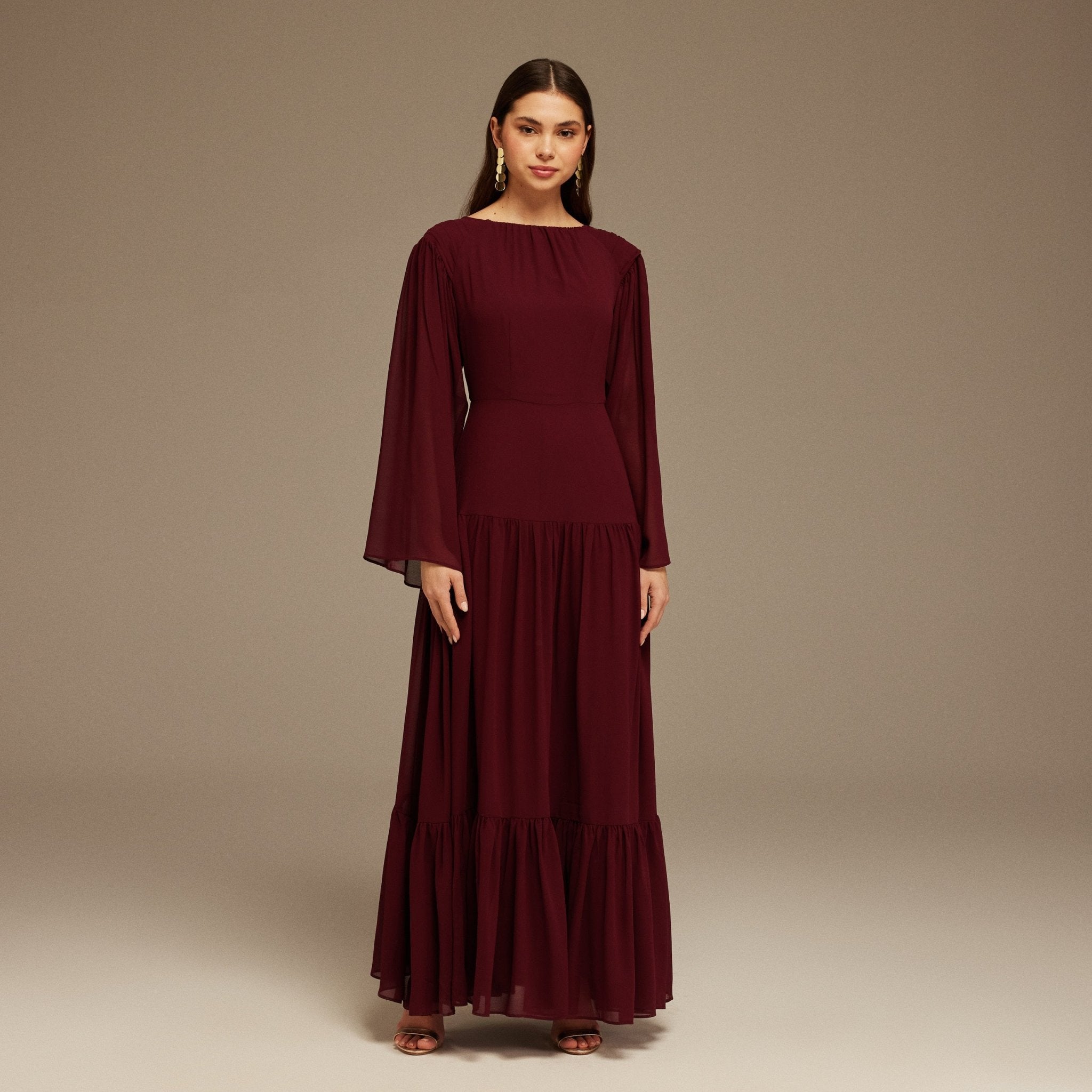 Pleated Long Sleeve Chiffon Maxi Dress - shopaleena