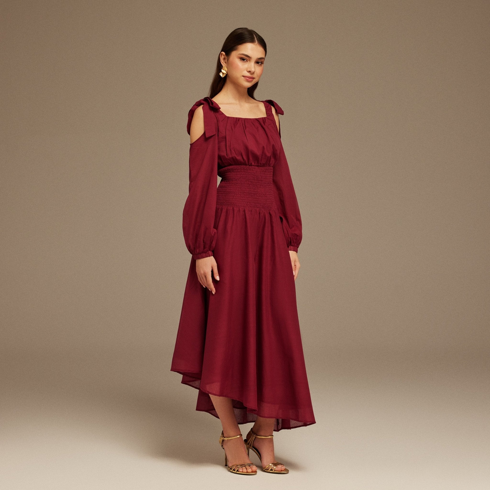 Plum Balloon Long Sleeve With Ruched Waist Midi Dress - shopaleena