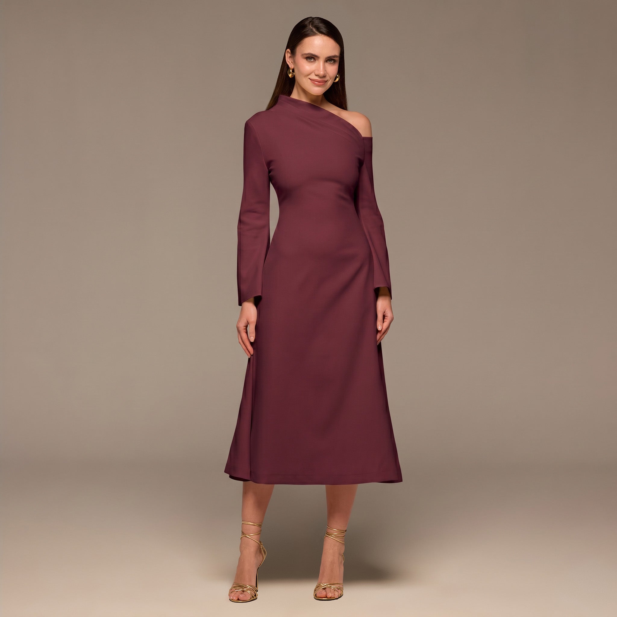 Plum Bare Shoulder Crepe Midi Dress - shopaleena