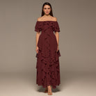 Plum Chiffon Off Shoulder Maxi Dress With Ruffles - shopaleena