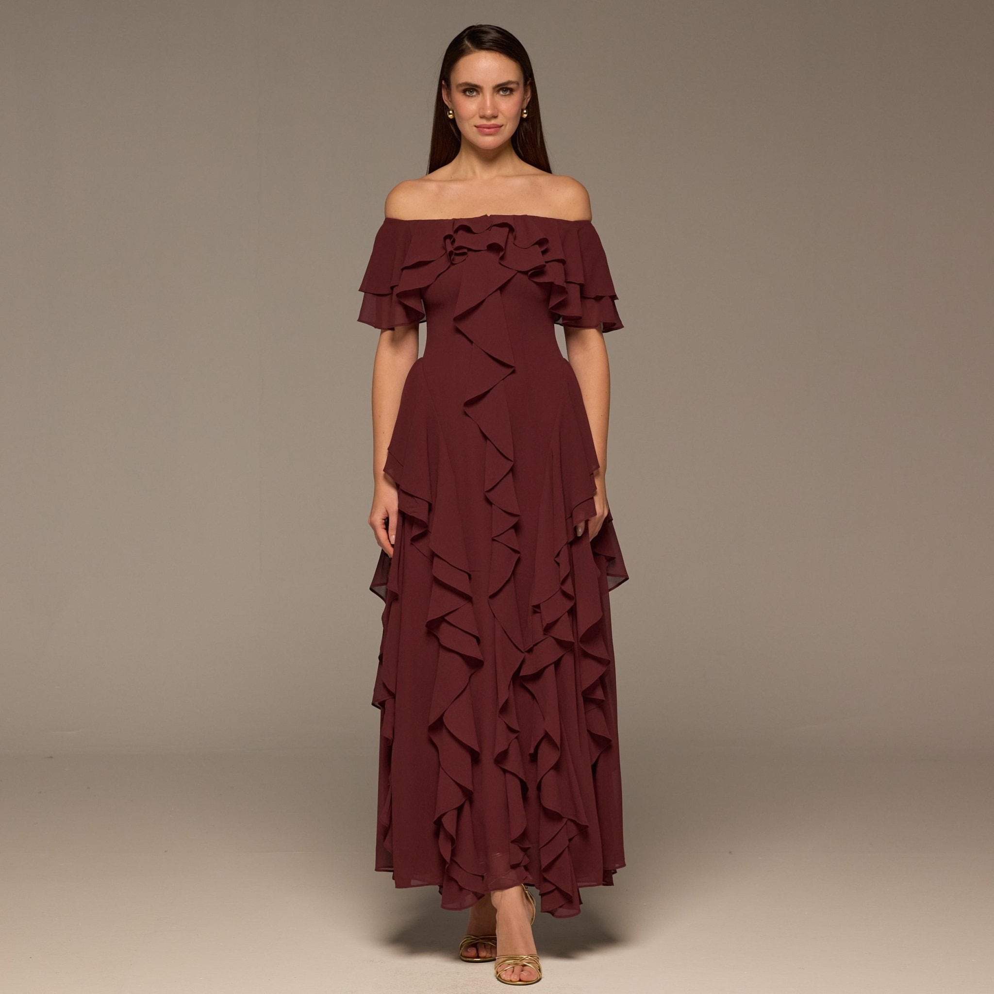 Plum Chiffon Off Shoulder Maxi Dress With Ruffles - shopaleena