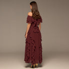 Plum Chiffon Off Shoulder Maxi Dress With Ruffles - shopaleena