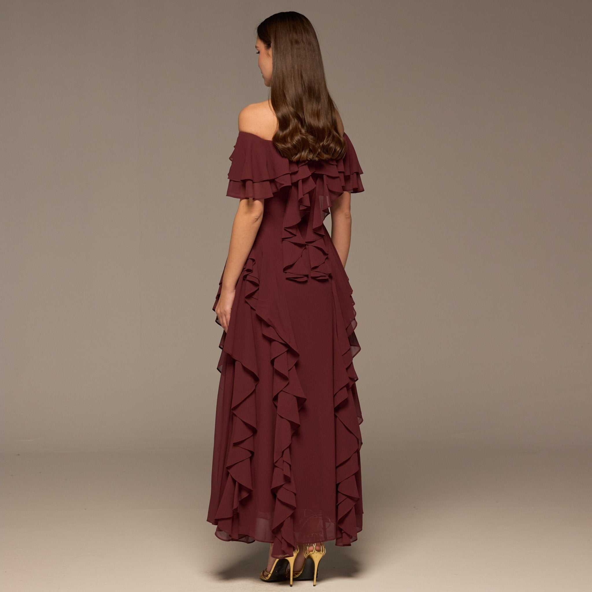 Plum Chiffon Off Shoulder Maxi Dress With Ruffles - shopaleena