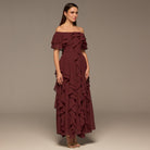 Plum Chiffon Off Shoulder Maxi Dress With Ruffles - shopaleena
