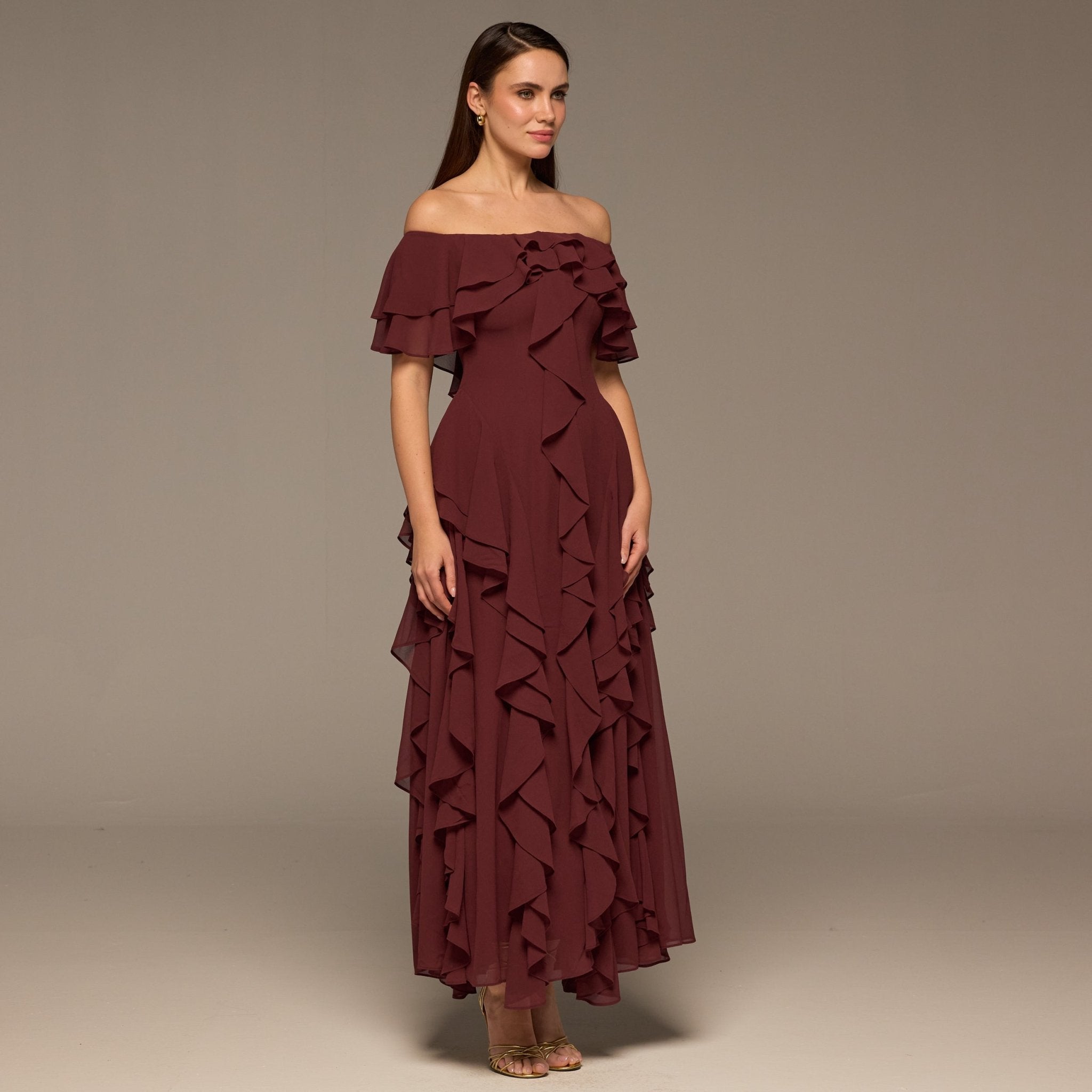 Plum Chiffon Off Shoulder Maxi Dress With Ruffles - shopaleena