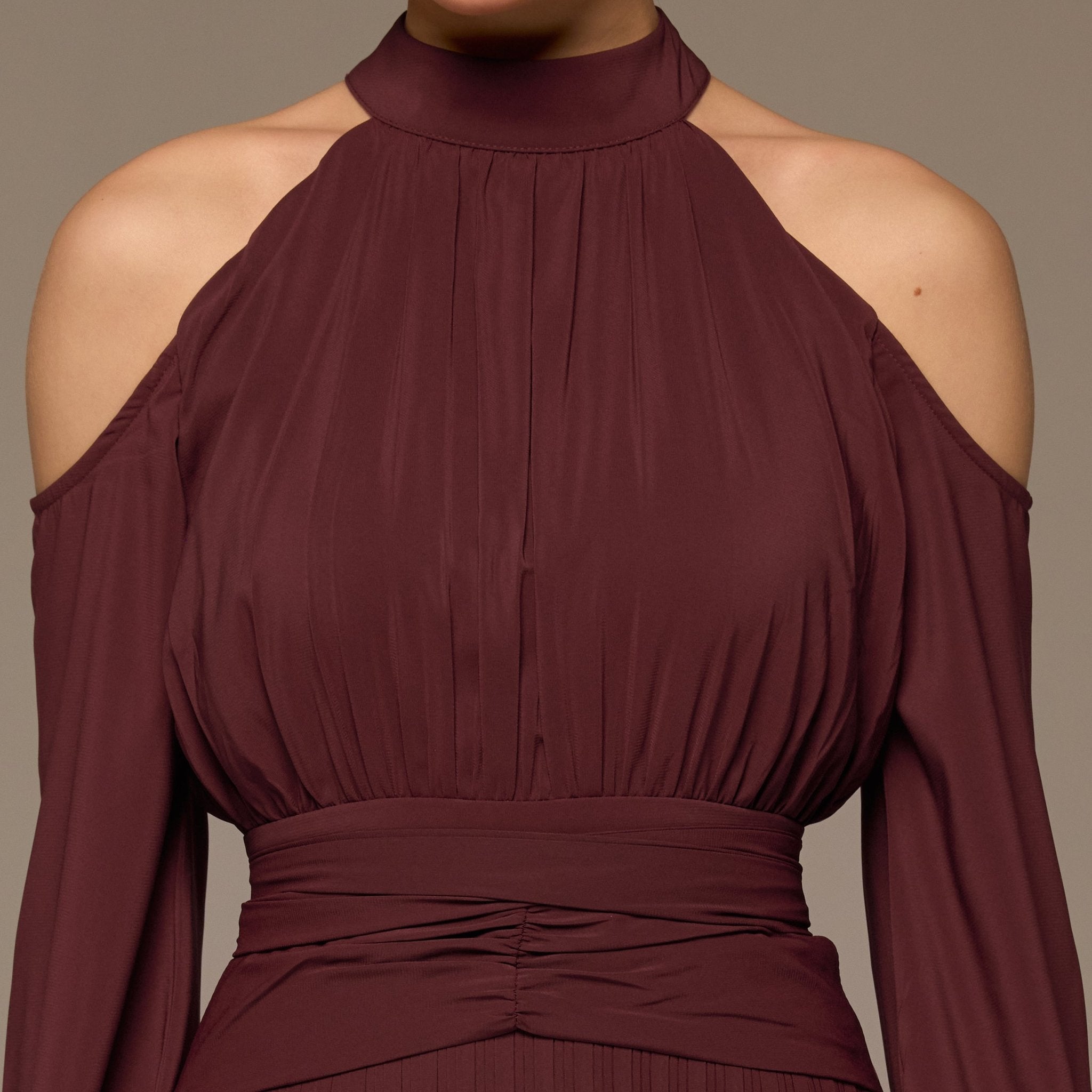 Plum Cold Shoulder Chiffon Dress - shopaleena