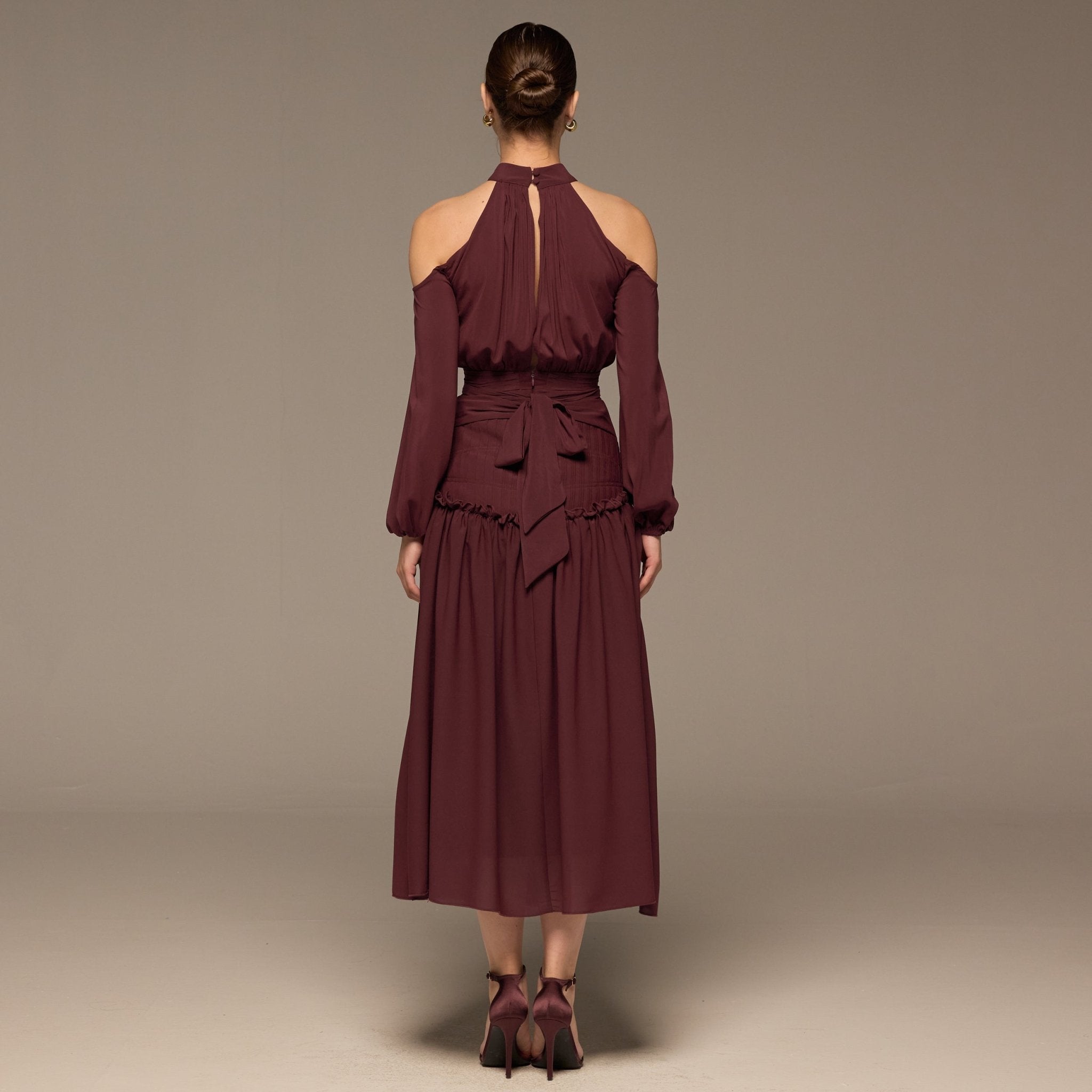 Plum Cold Shoulder Chiffon Dress - shopaleena