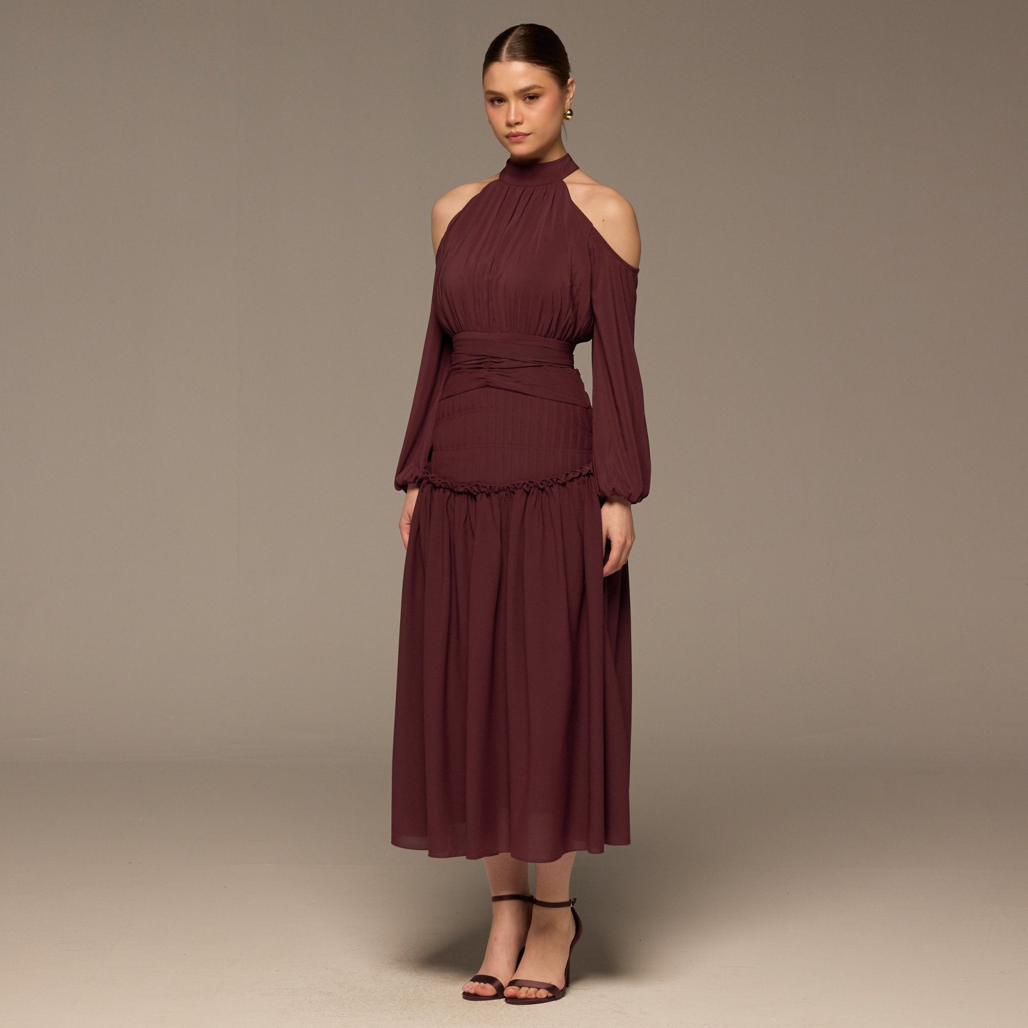 Plum Cold Shoulder Chiffon Dress - shopaleena
