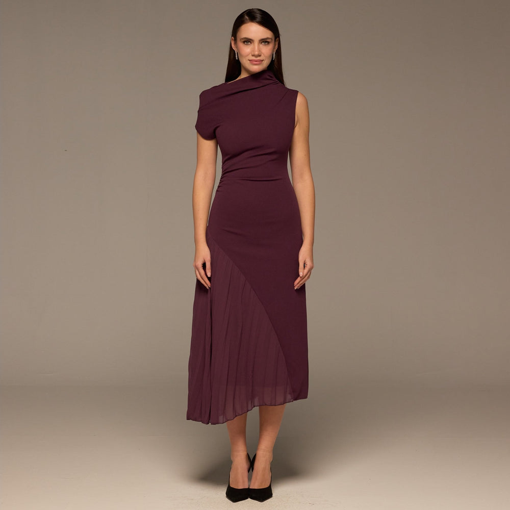 Plum Crepe & Chiffon Asymmetric Midi Dress - shopaleena