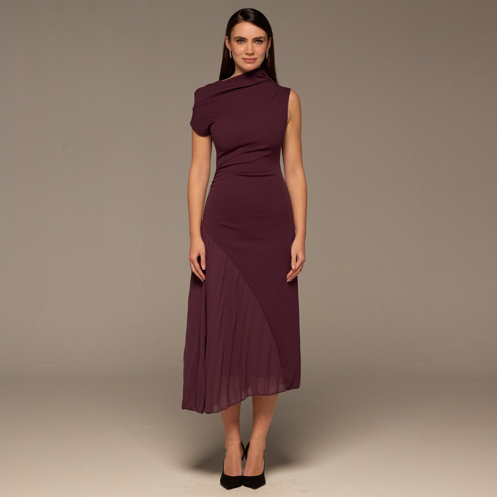 Plum Crepe & Chiffon Asymmetric Midi Dress - shopaleena
