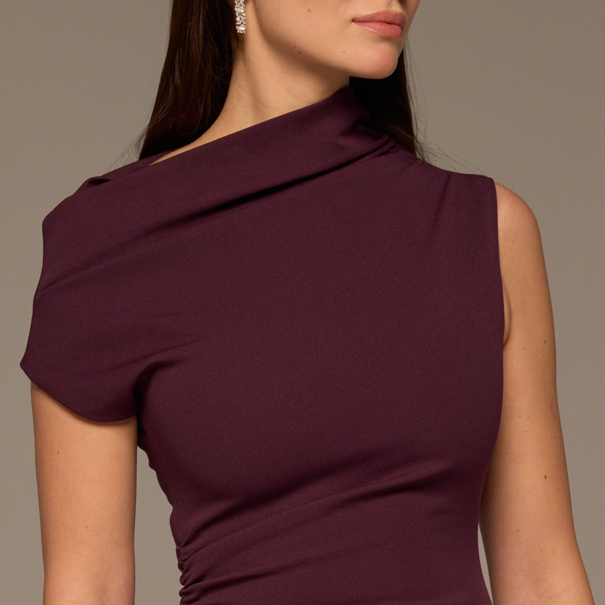 Plum Crepe & Chiffon Asymmetric Midi Dress - shopaleena