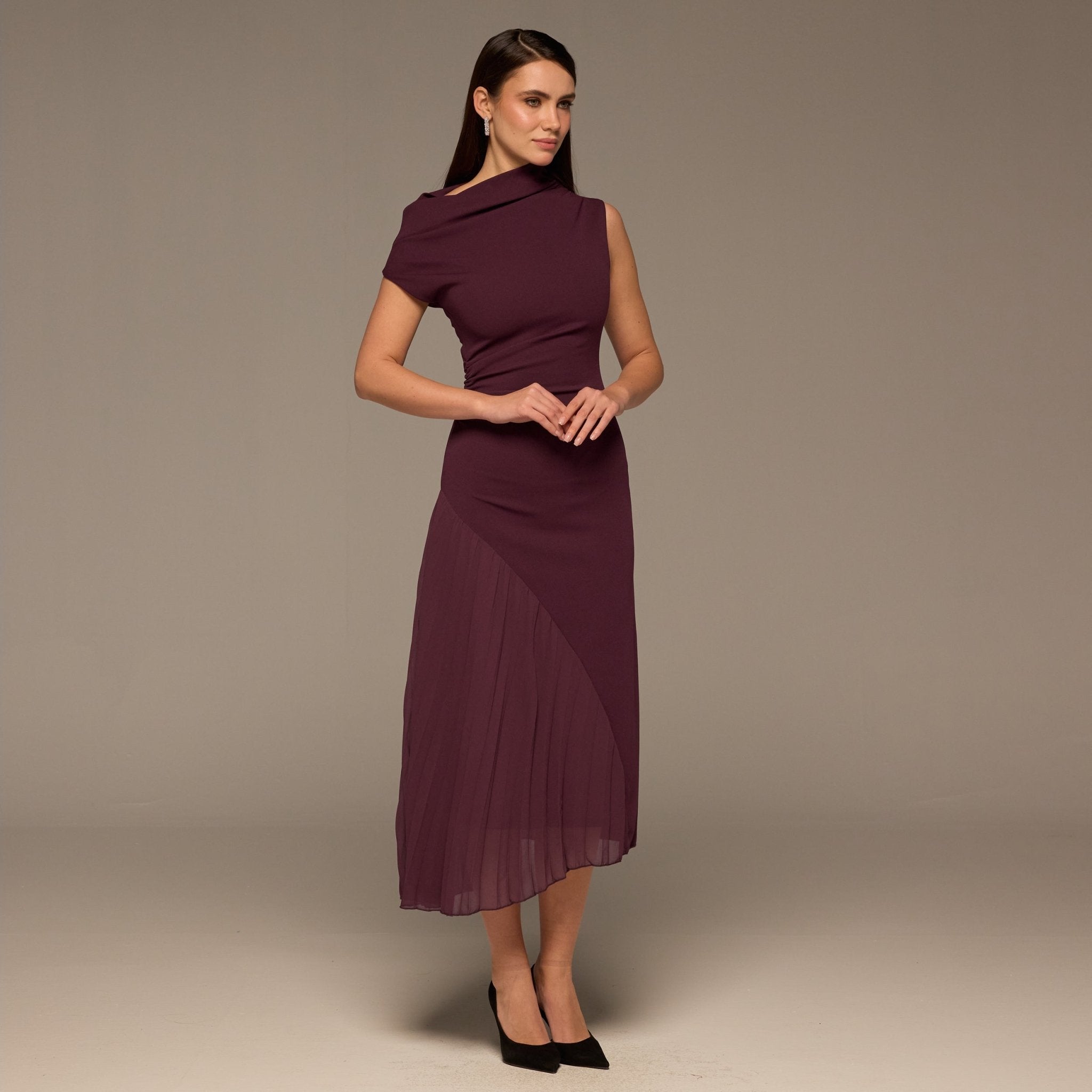 Plum Crepe & Chiffon Asymmetric Midi Dress - shopaleena