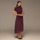Plum Crepe & Chiffon Asymmetric Midi Dress - shopaleena