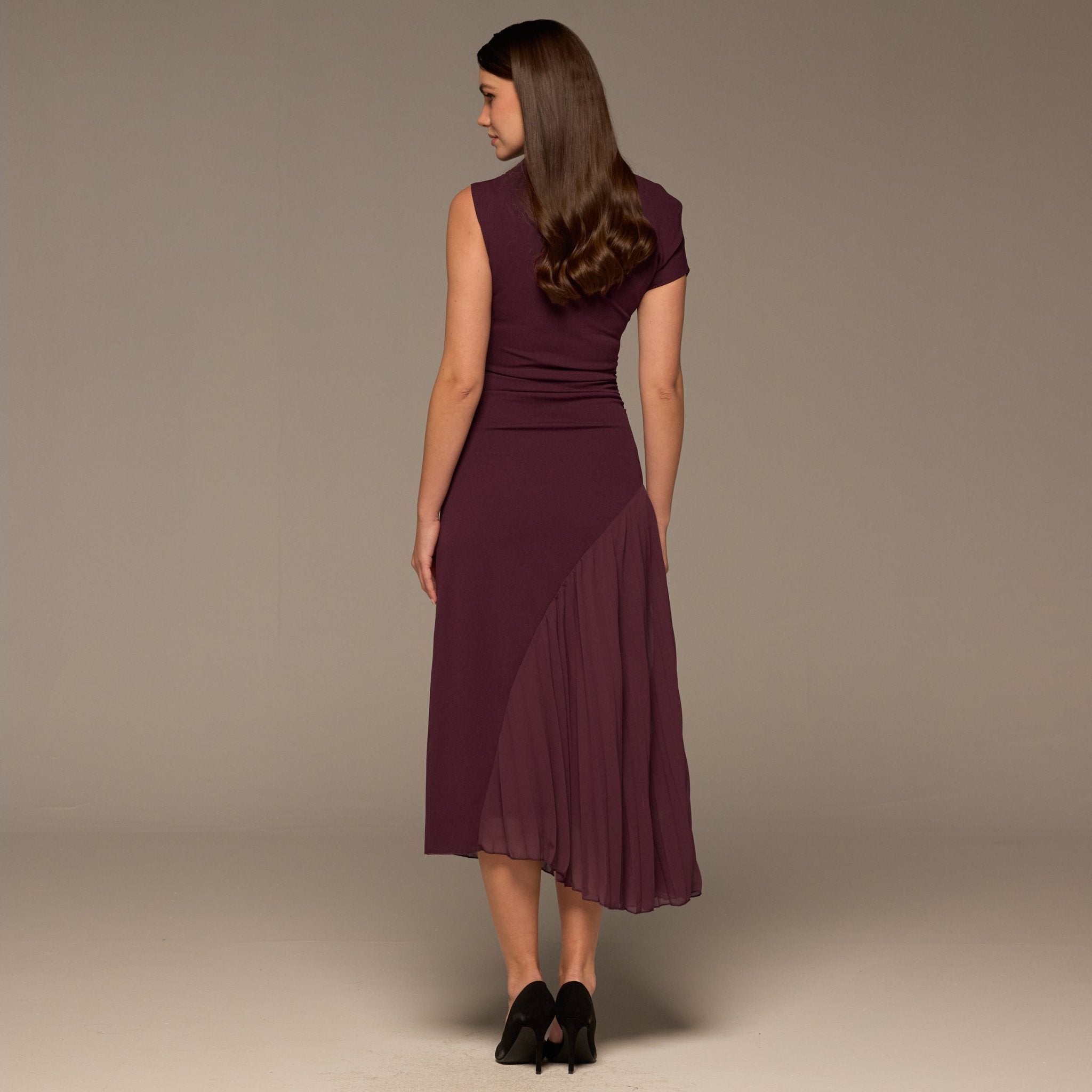 Plum Crepe & Chiffon Asymmetric Midi Dress - shopaleena