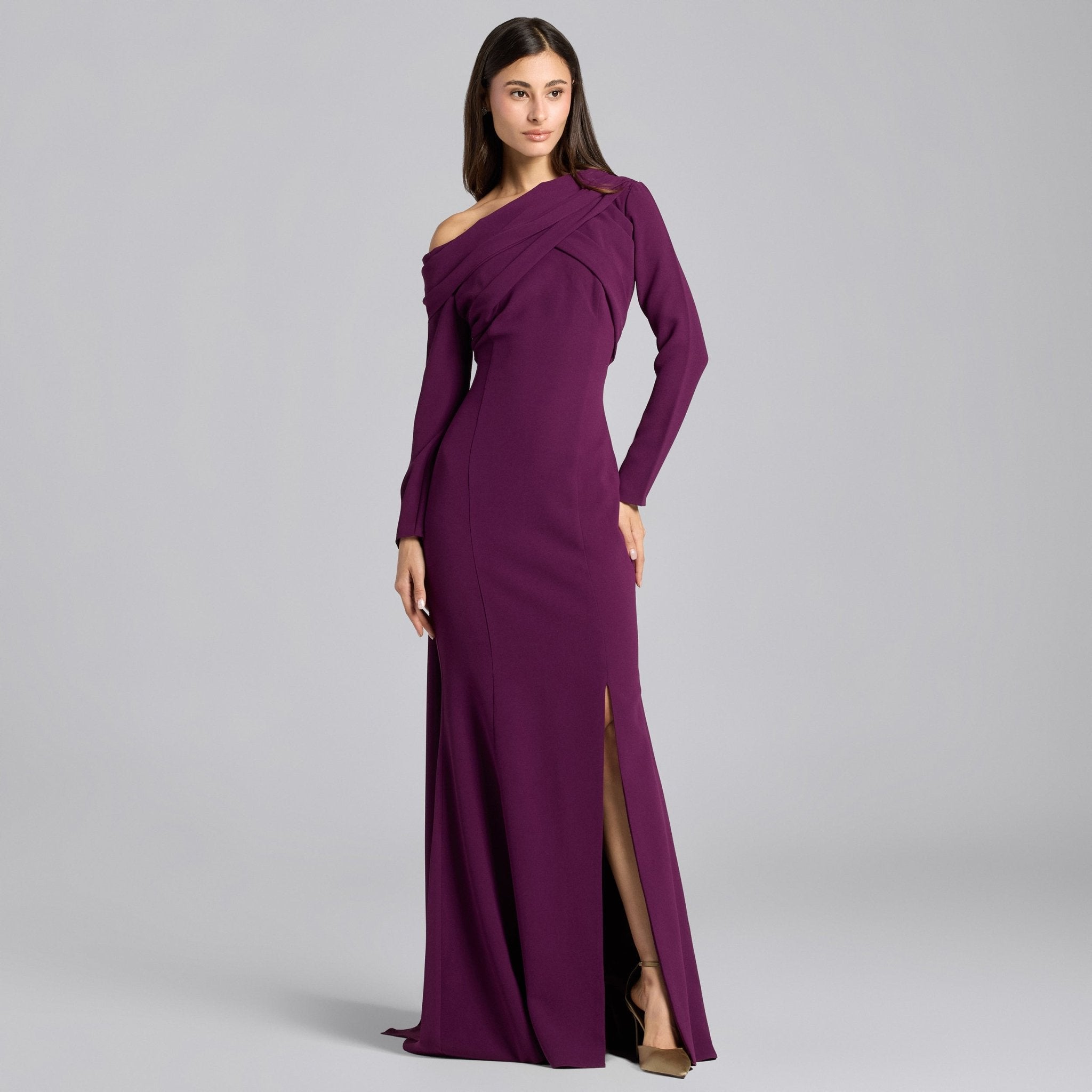 Plum Crepe Draped Mermaid Gown - shopaleena