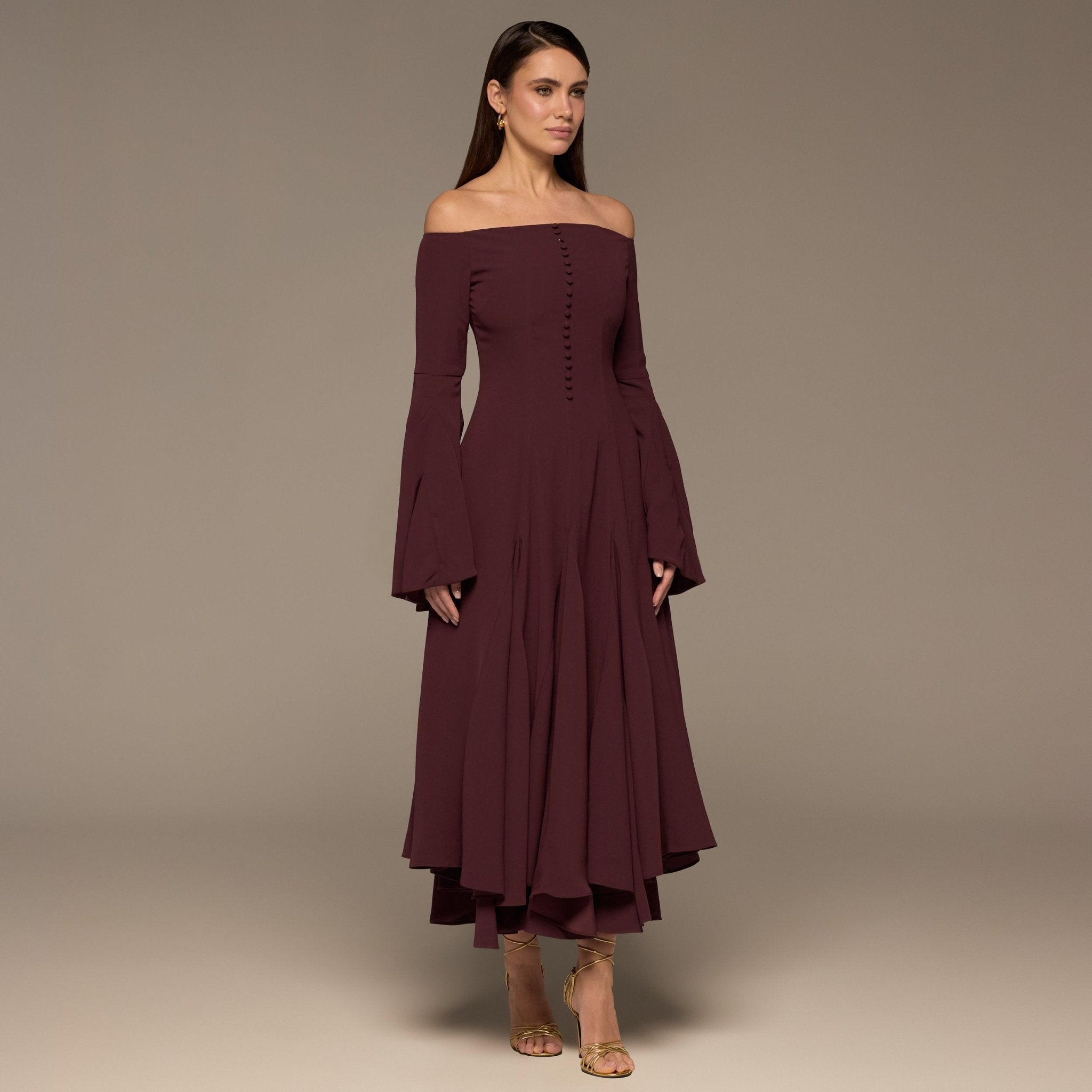 Plum Crepe Off Shoulder A - line Midi Dress - shopaleena