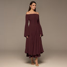 Plum Crepe Off Shoulder A - line Midi Dress - shopaleena