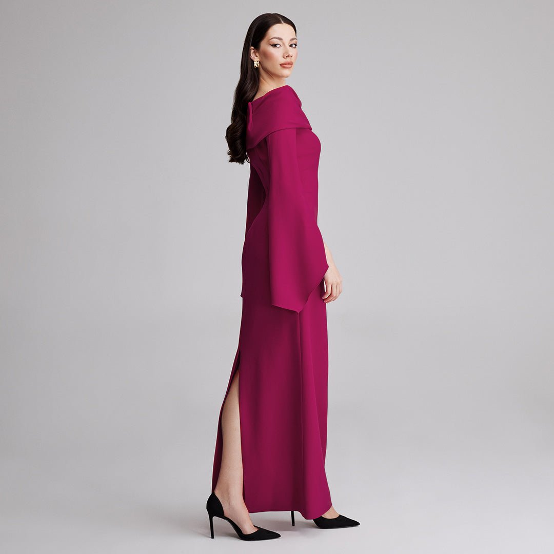 Plum Draped Off Shoulder Crepe Maxi Dress - shopaleena