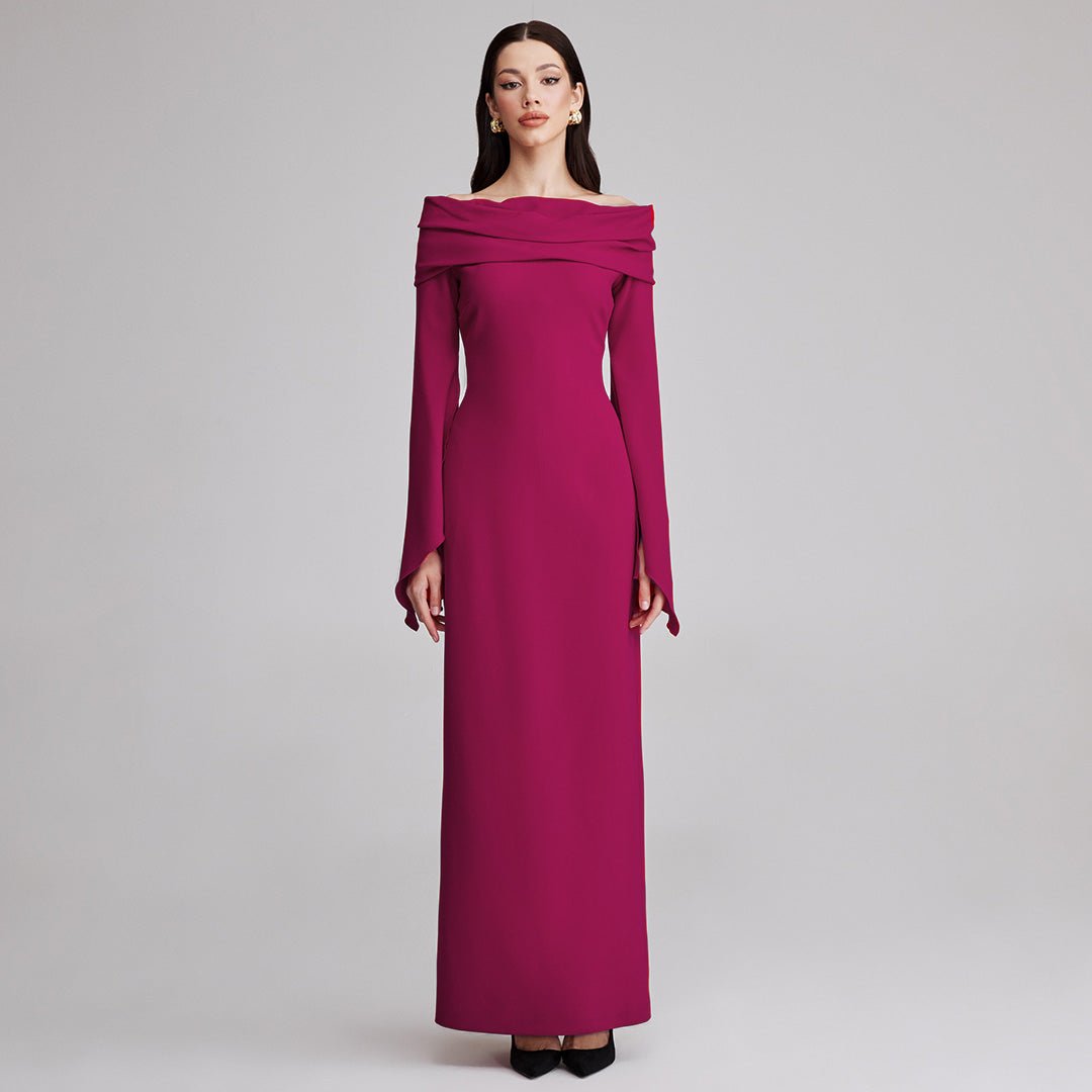 Plum Draped Off Shoulder Crepe Maxi Dress - shopaleena