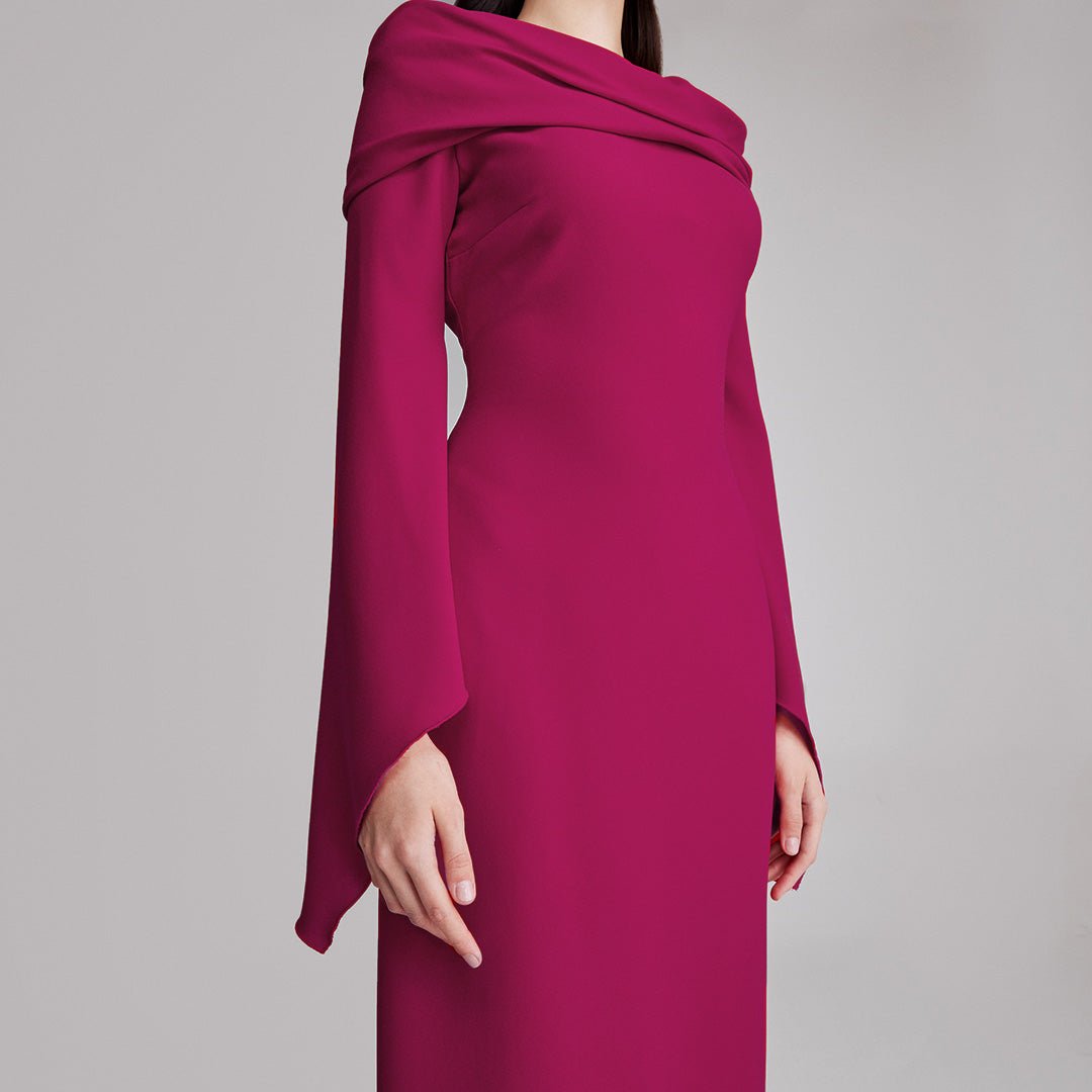 Plum Draped Off Shoulder Crepe Maxi Dress - shopaleena