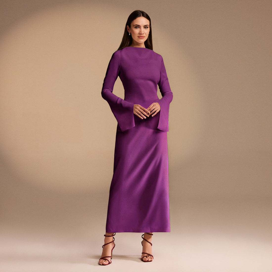 Plum Flared Long Sleeve Maxi Dress - shopaleena