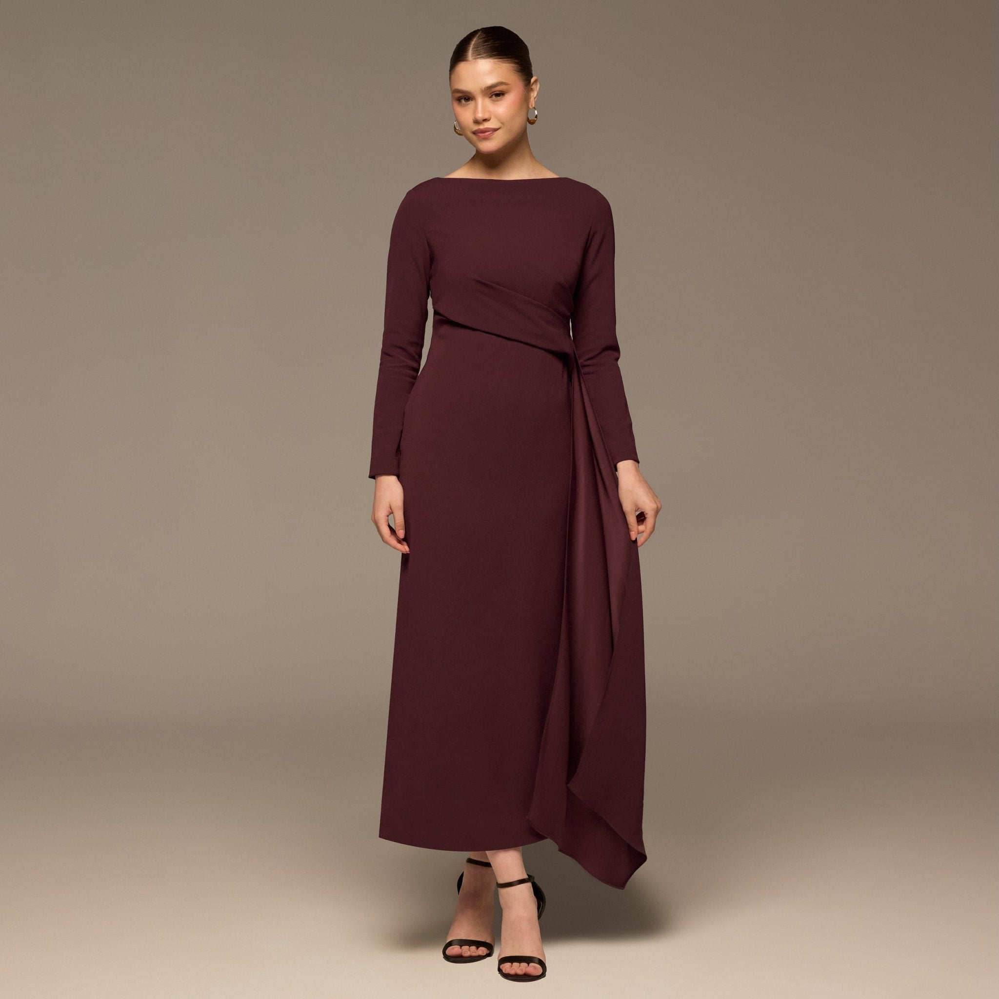 Plum Long Sleeve Draped Midi Dress - shopaleena