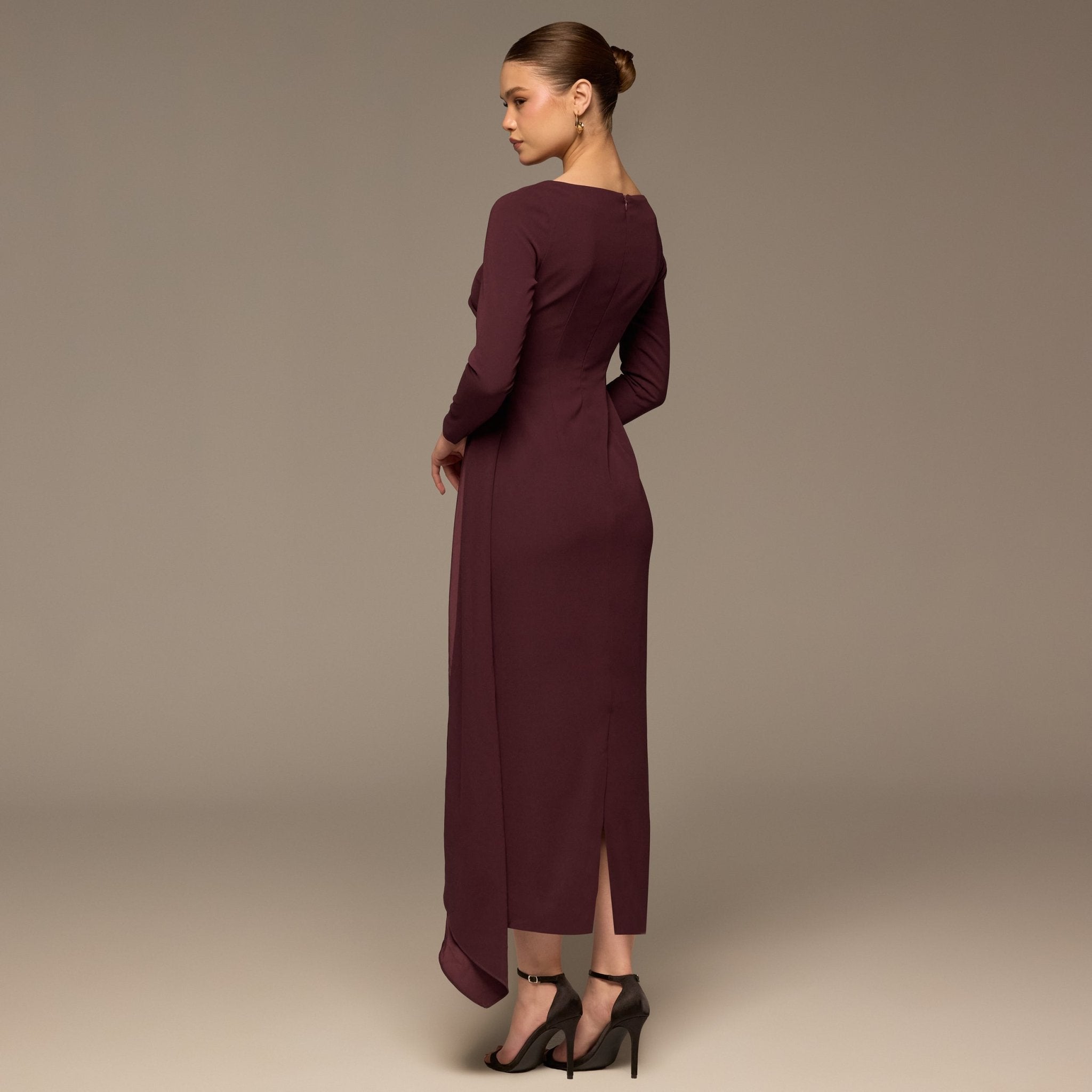 Plum Long Sleeve Draped Midi Dress - shopaleena
