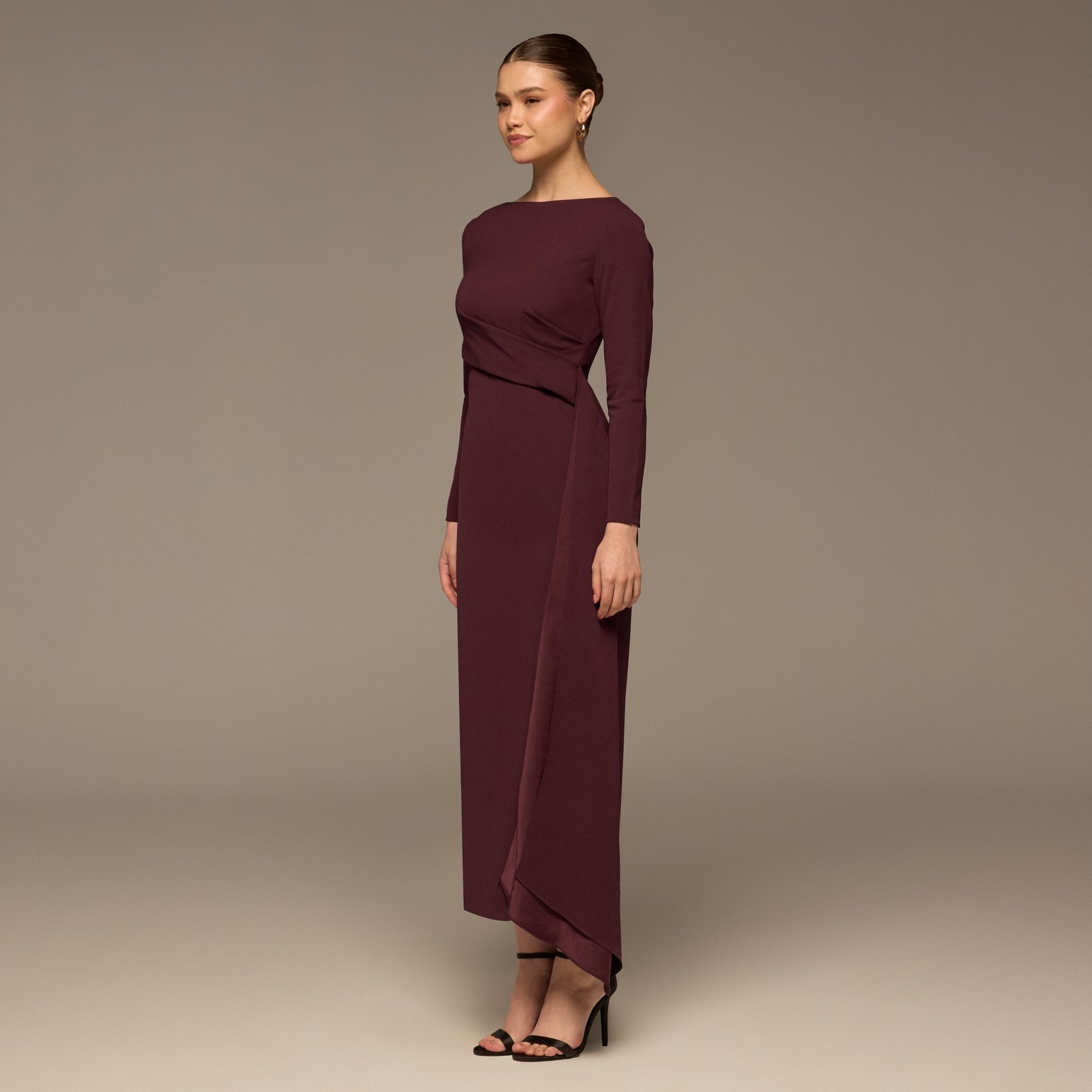 Plum Long Sleeve Draped Midi Dress - shopaleena
