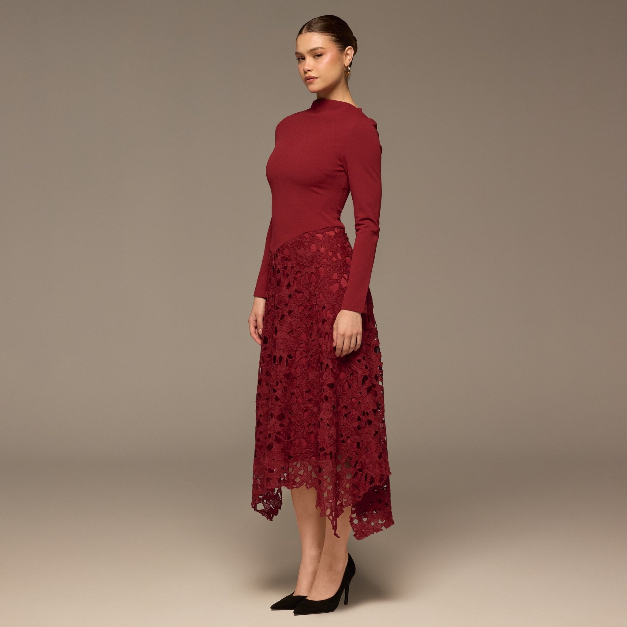 Plum Long Sleeve Lace - Overlay Crepe Dress - shopaleena