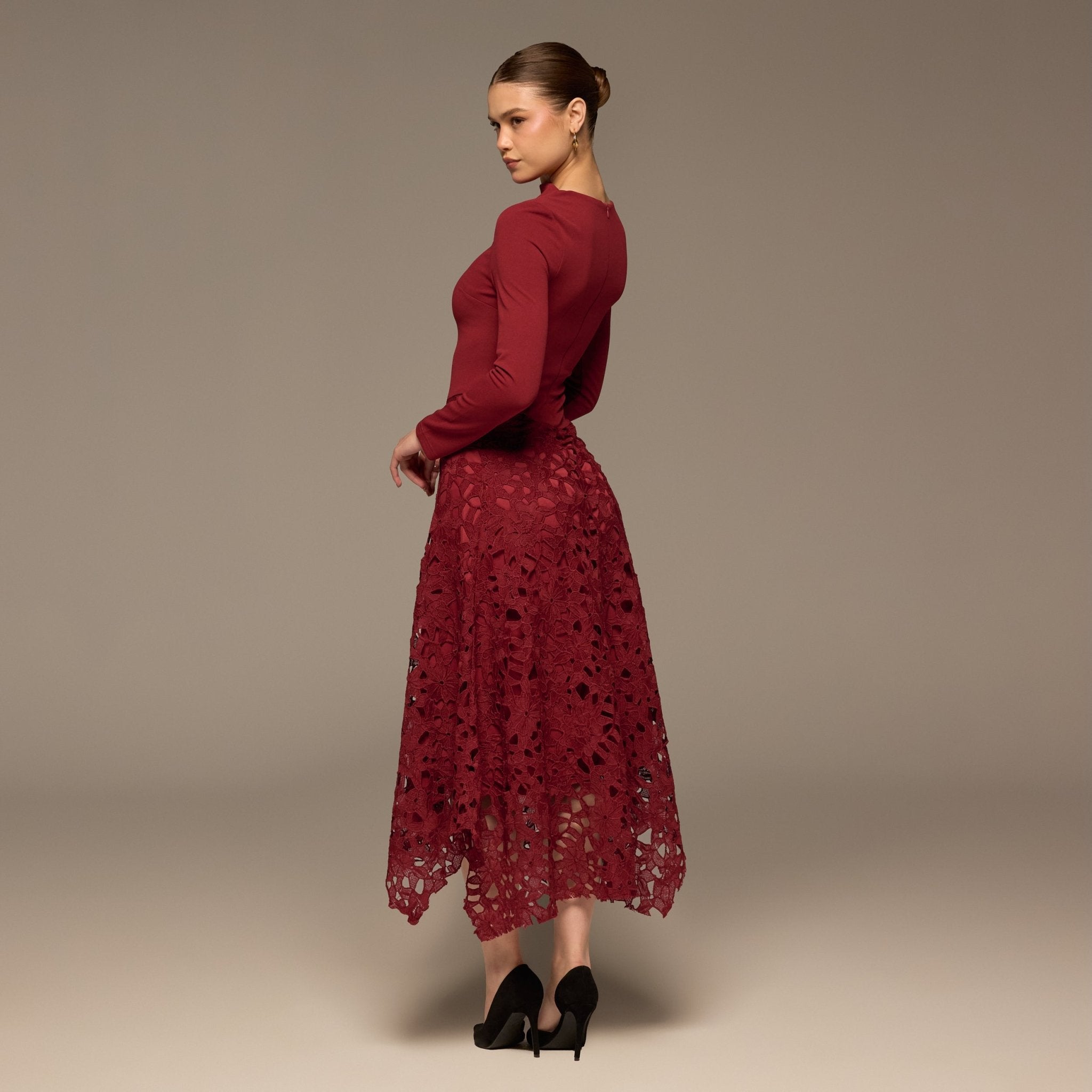 Plum Long Sleeve Lace - Overlay Crepe Dress - shopaleena
