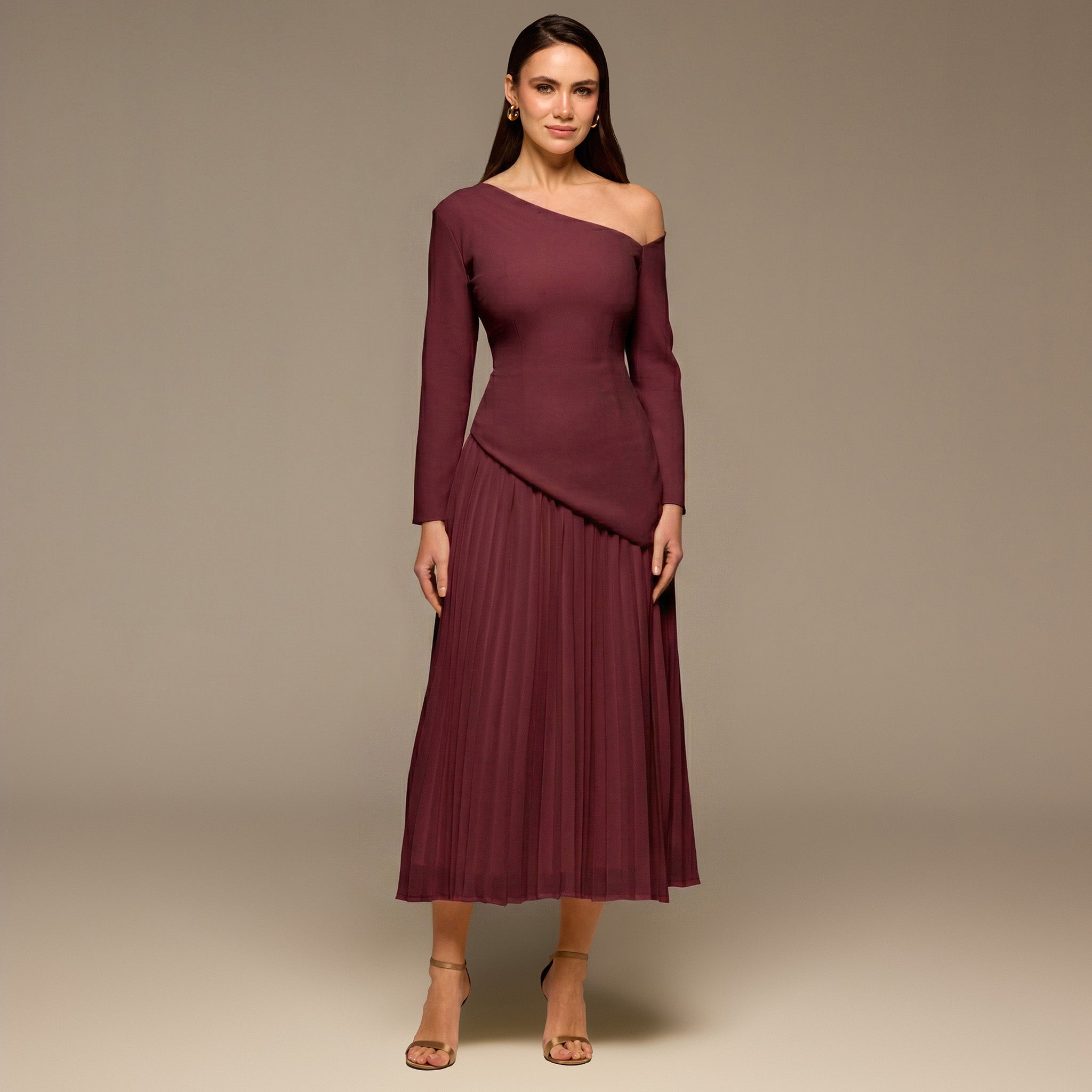 Plum One - shoulder Crepe Dress With Pleated Skirt - shopaleena