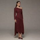 Plum One-shoulder Crepe Dress With Pleated Skirt - shopaleena