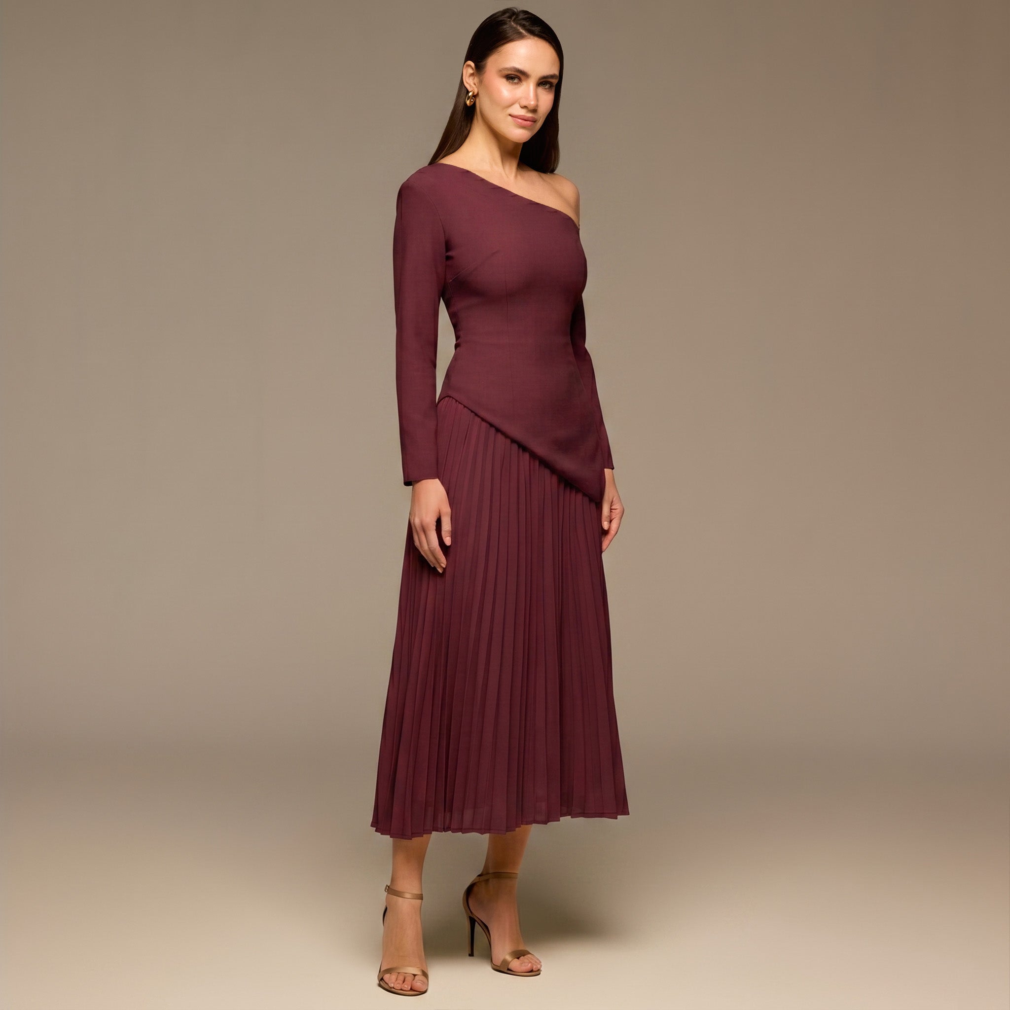 Plum One - shoulder Crepe Dress With Pleated Skirt - shopaleena