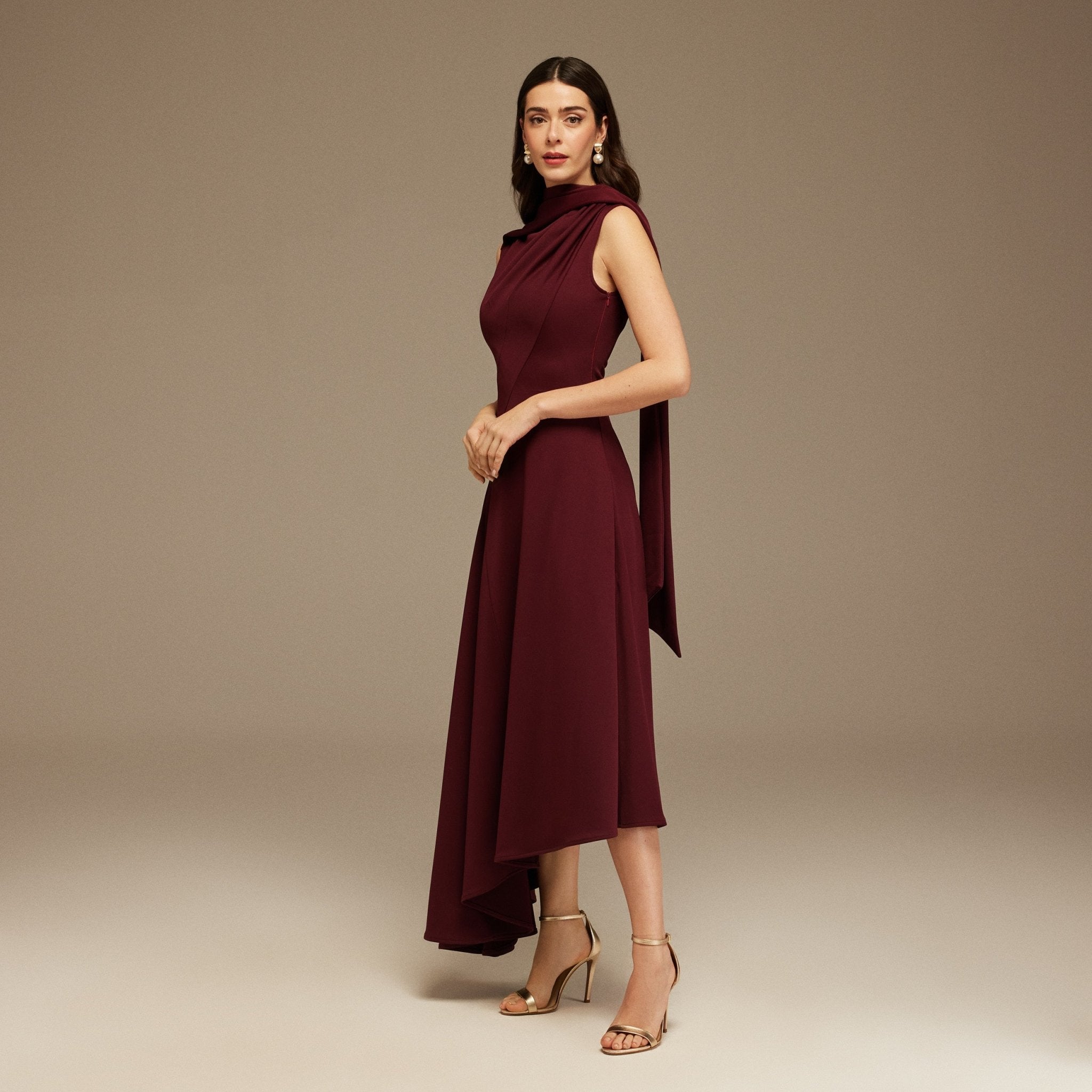 Plum Sleeveless Aline Midi Dress With Shoulder Scarf - shopaleena