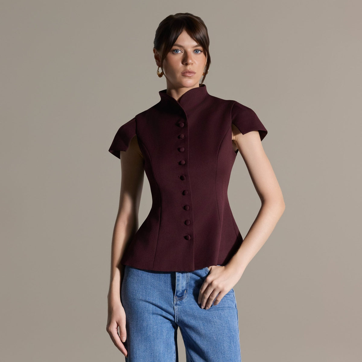 Plum Stand Collar Peplum Blouse - shopaleena