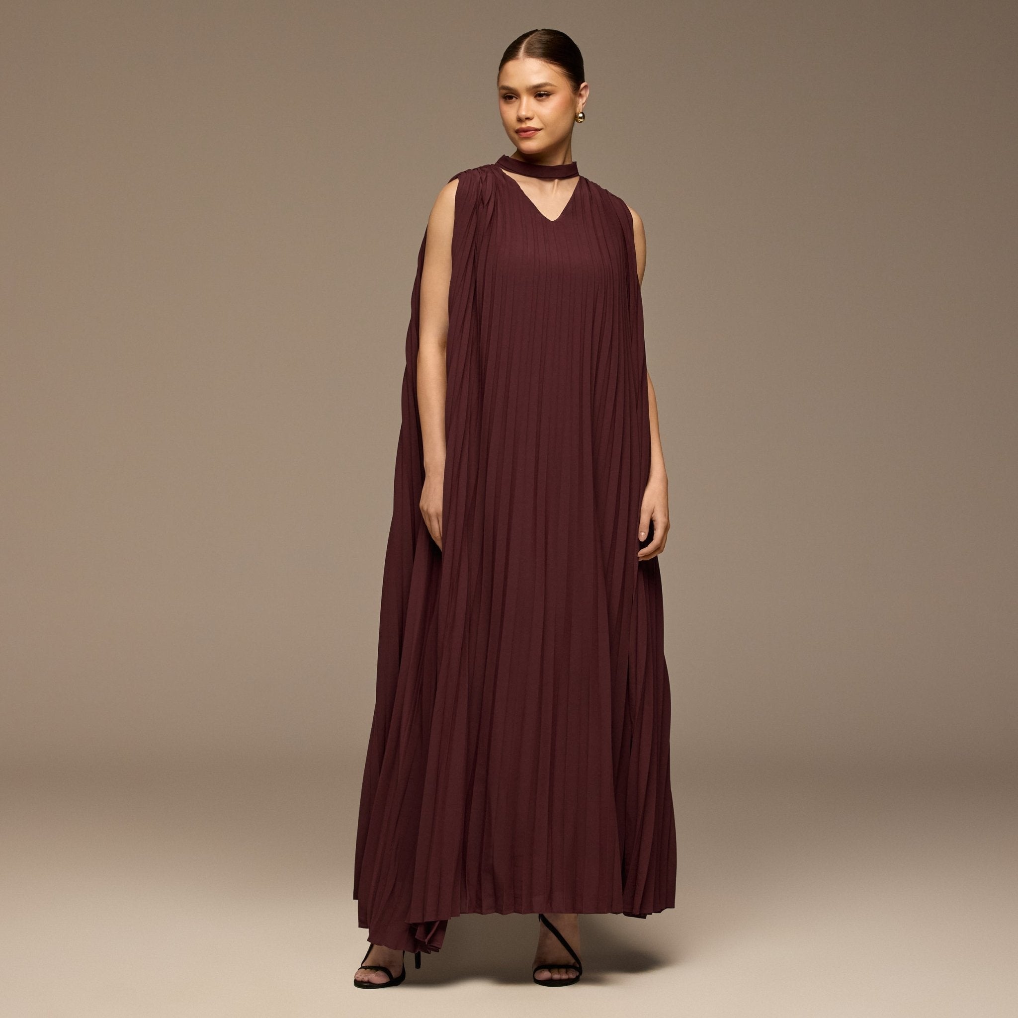 Plum V-Neck All Over Pleated Chiffon Maxi Dress