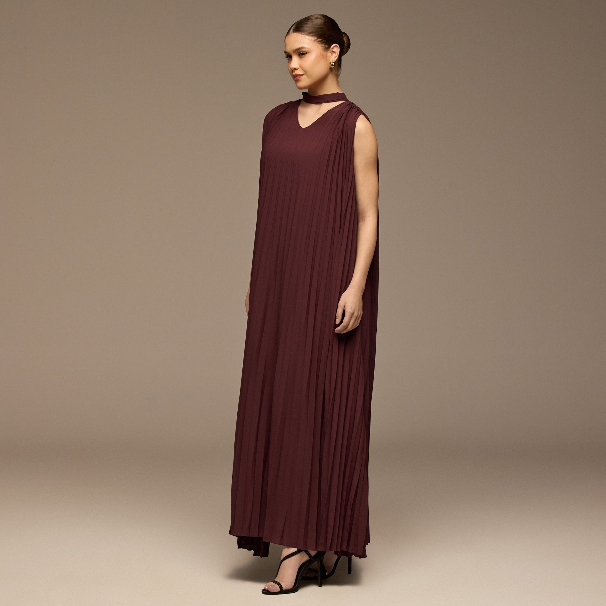 Plum V - Neck All Over Pleated Chiffon Maxi Dress - shopaleena