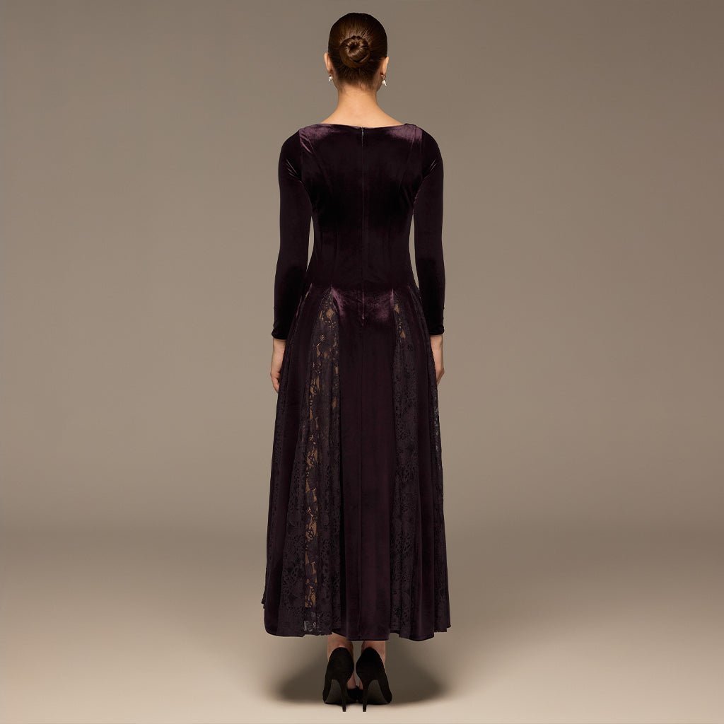 Plum Velvet Maxi Dress with Lace Godets - shopaleena