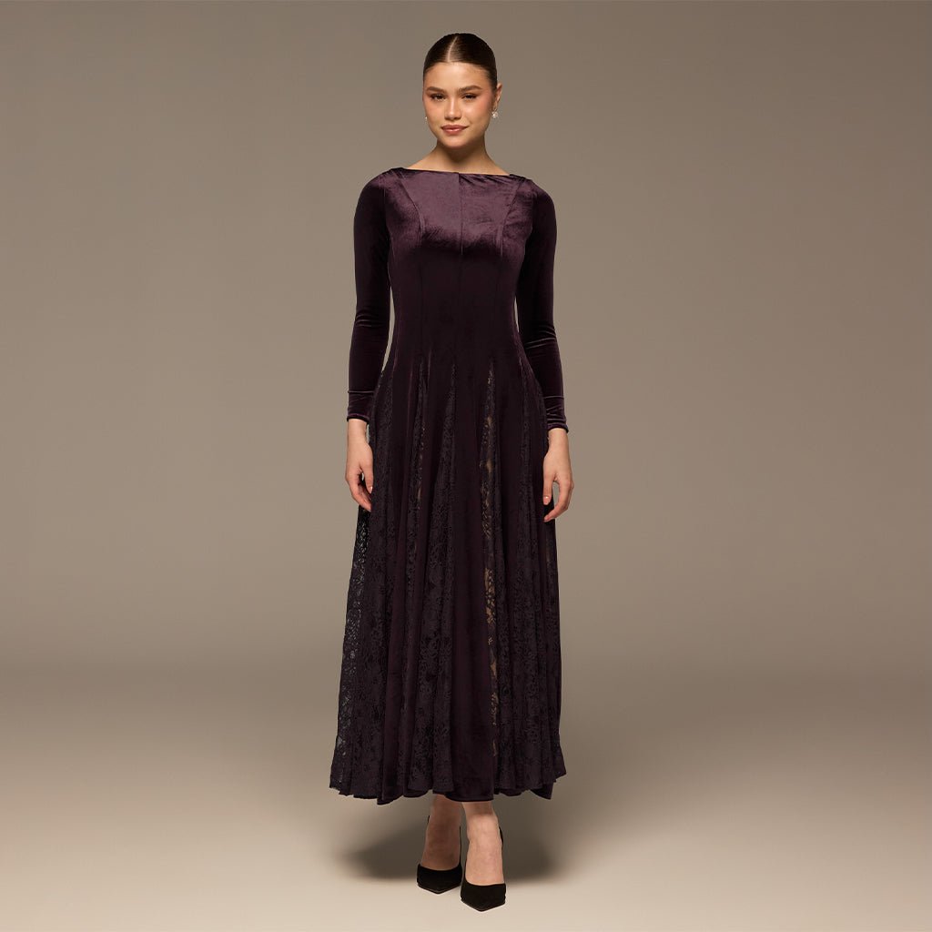 Plum Velvet Maxi Dress with Lace Godets - shopaleena