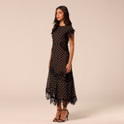 Polka Dot Chiffon Midi Dress with Lace Inserts - shopaleena