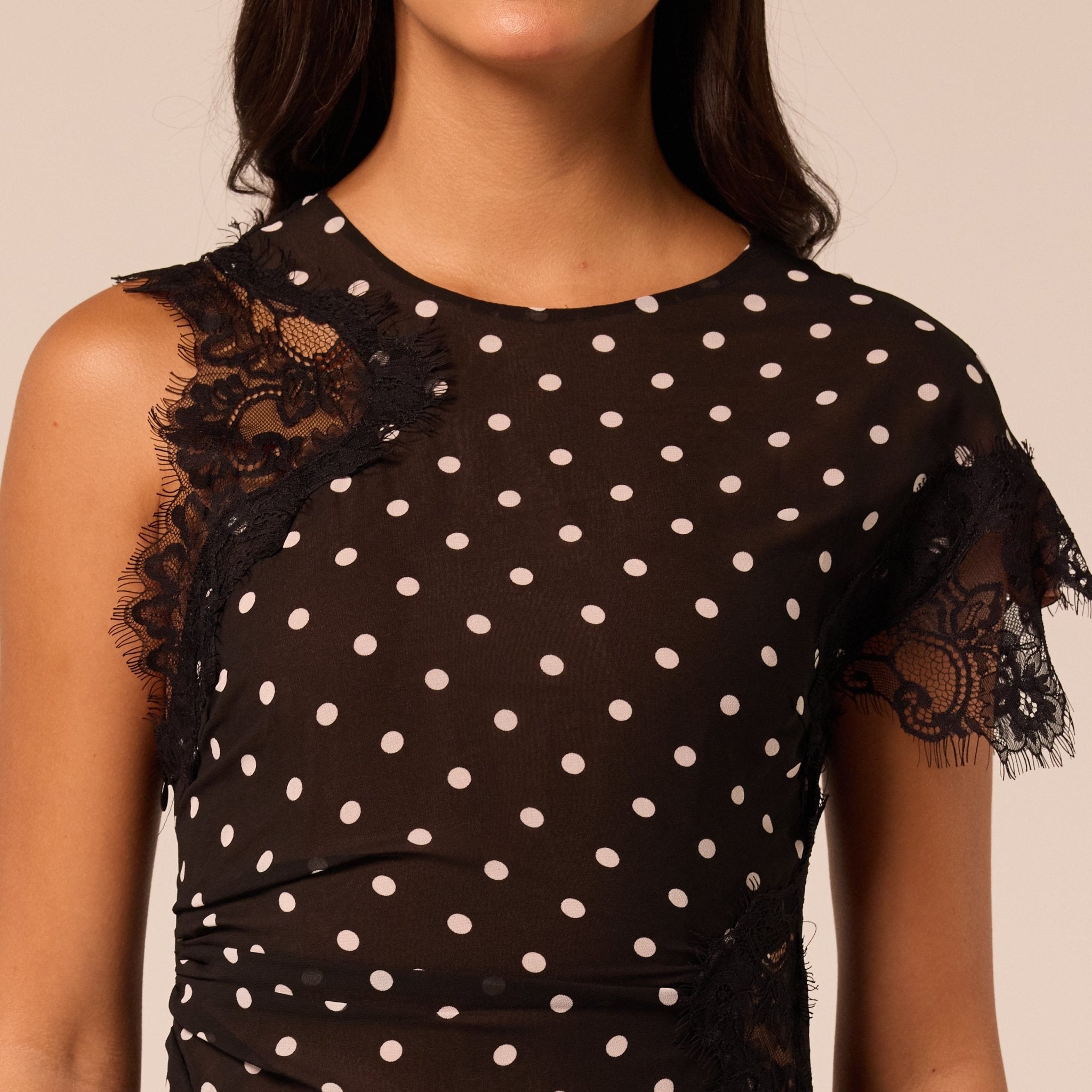 Polka Dot Chiffon Midi Dress with Lace Inserts - shopaleena