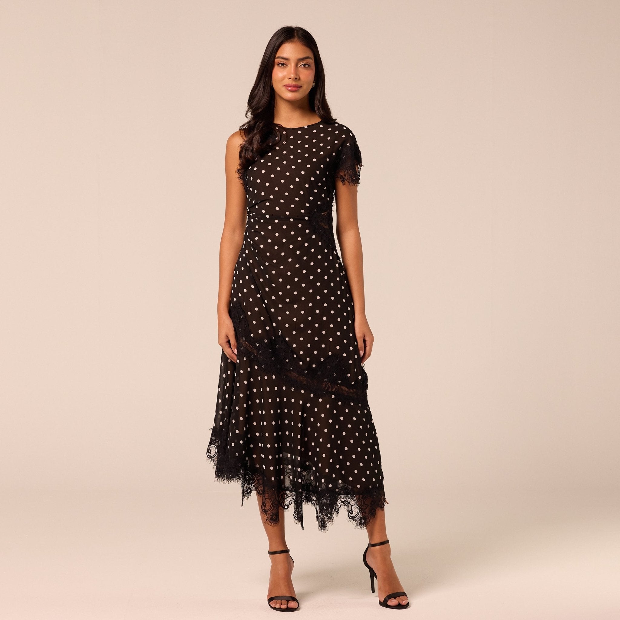 Polka Dot Chiffon Midi Dress with Lace Inserts - shopaleena