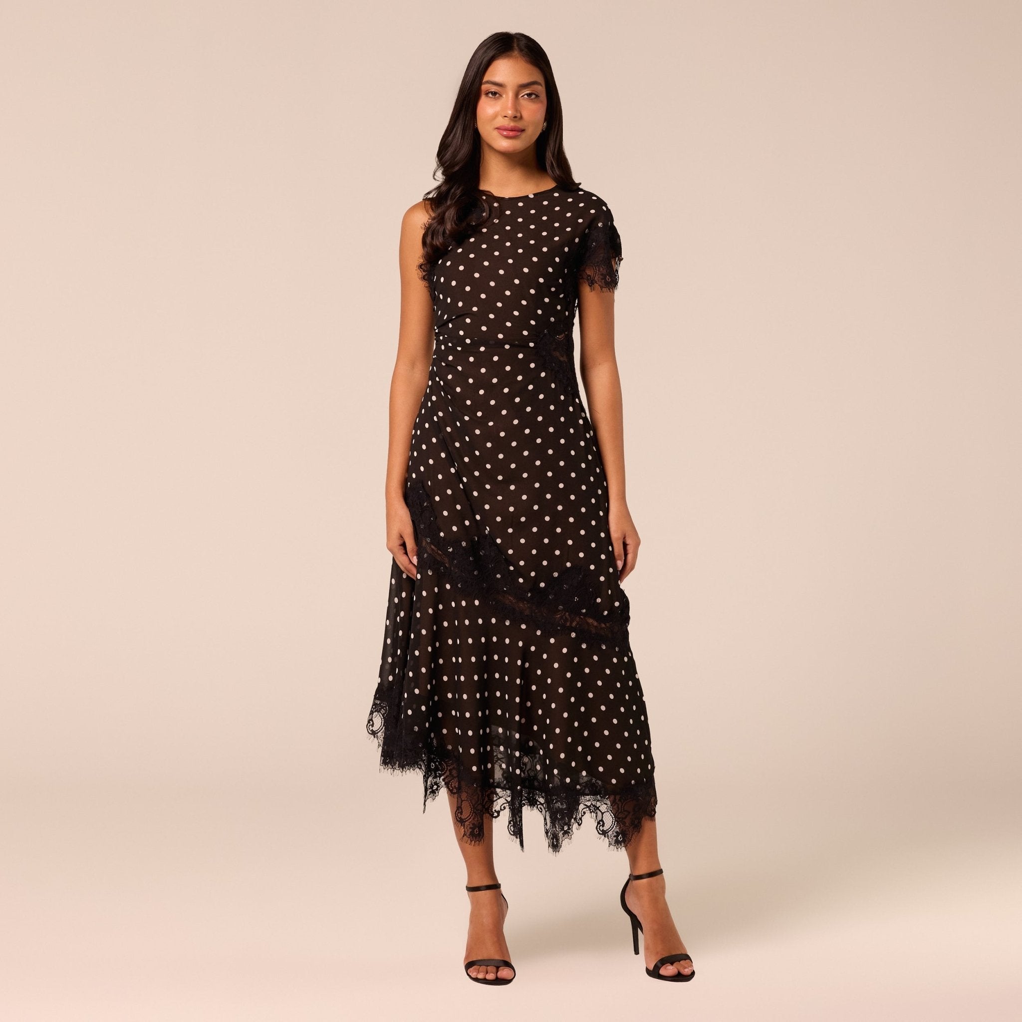 Polka Dot Chiffon Midi Dress with Lace Inserts - shopaleena