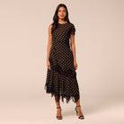 Polka Dot Chiffon Midi Dress with Lace Inserts - shopaleena